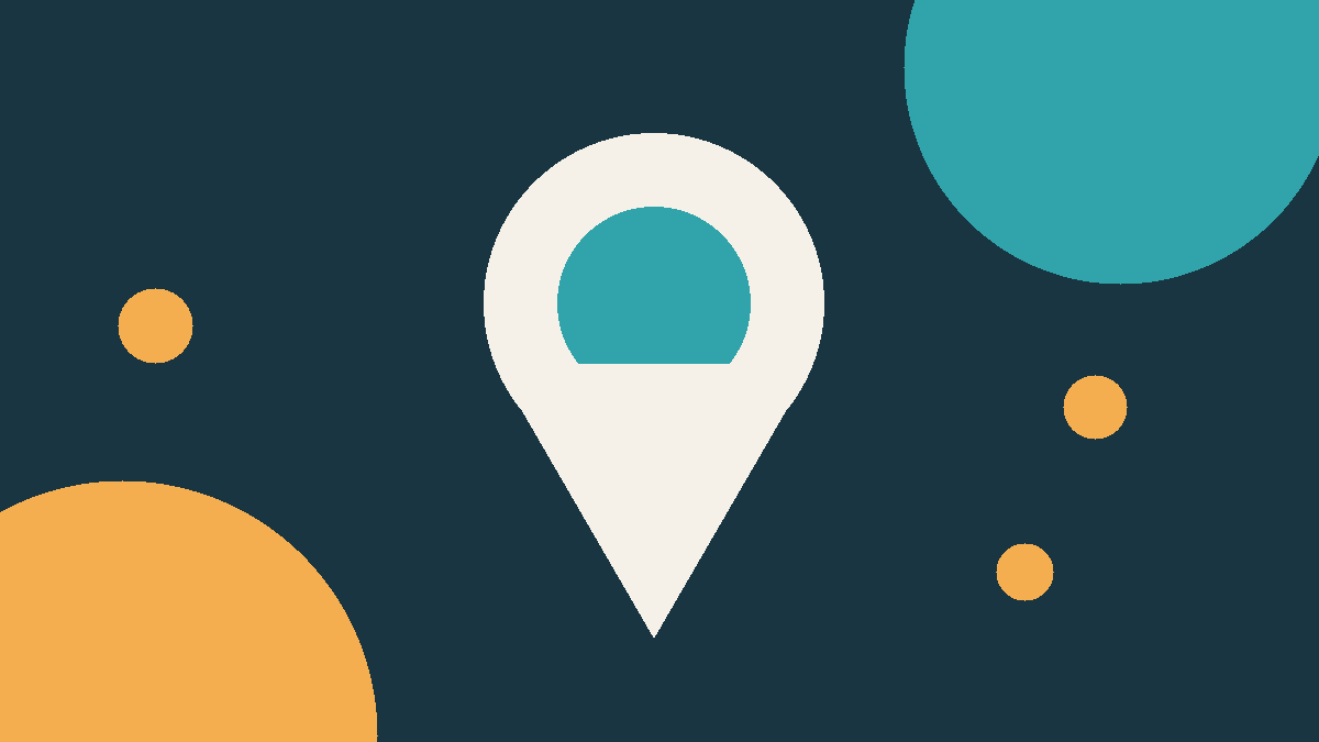 Cream location pin with teal and yellow circles on a dark teal background for a Tokyo instrument-shopping guide
