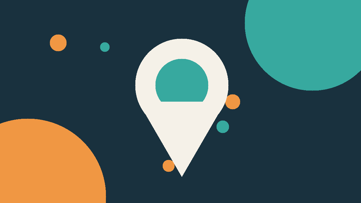 Stylized location pin surrounded by teal and orange circles on a dark background