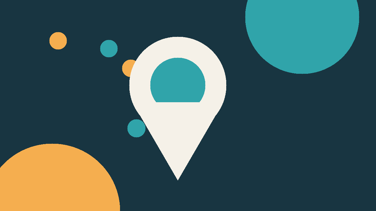 Abstract travel illustration with a map pin and teal and gold circles for a guide to guitar travel in Japan